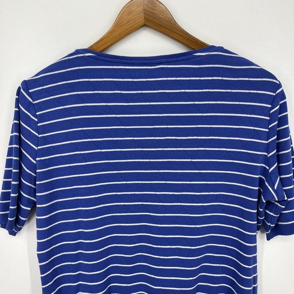 Escada Shirt Women's Size XL Blue Striped Short Sleeve Cotton Round Neck - Picture 6 of 9